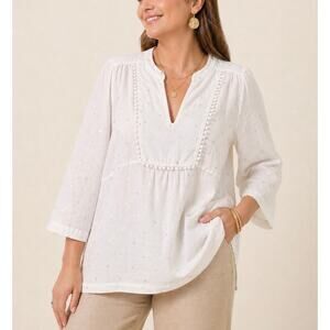 Boden White Cotton Tunic Blouse Gold Dot Pom Pom Trim Boho Top Size 16L (XL)